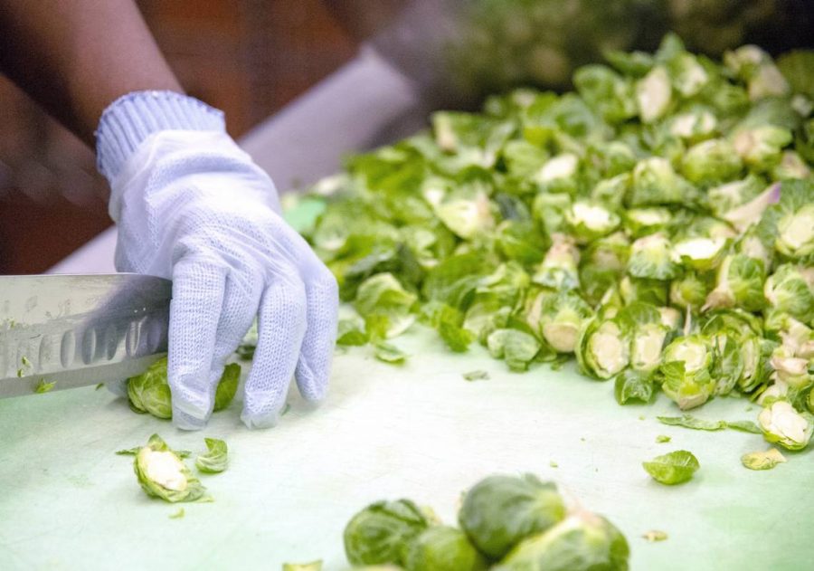 Brussels sprouts are cut in preparation for lunch Wednesday morning in the kitchen at Stratford Academy.
