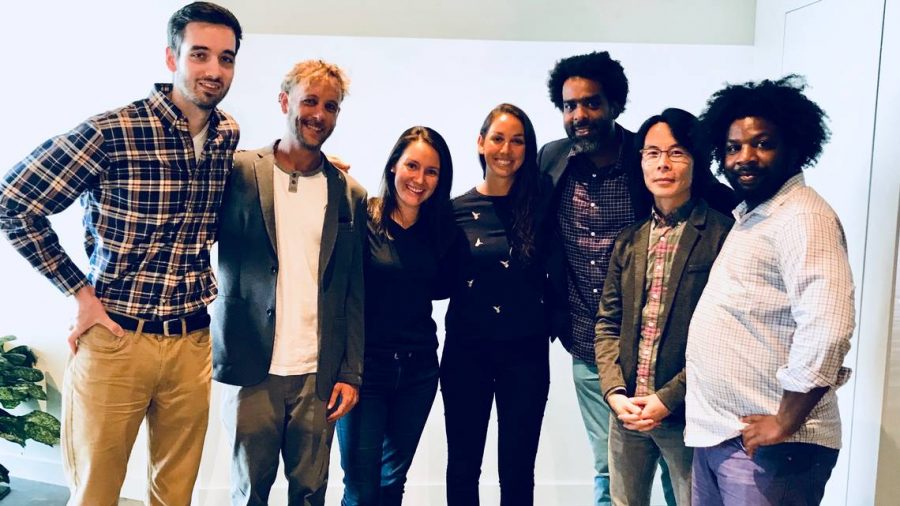 The first cohort of Niantic/Knight Fellows selected, from second to left to right, are Joey Allen, Collin Fraum, Roger Riddle, Ming-Chun Lee, and Christopher Foreman. They are flanked by Niantic employees Yennie Solheim Fuller, on left, and Leah Caudell-Feagan, on right.