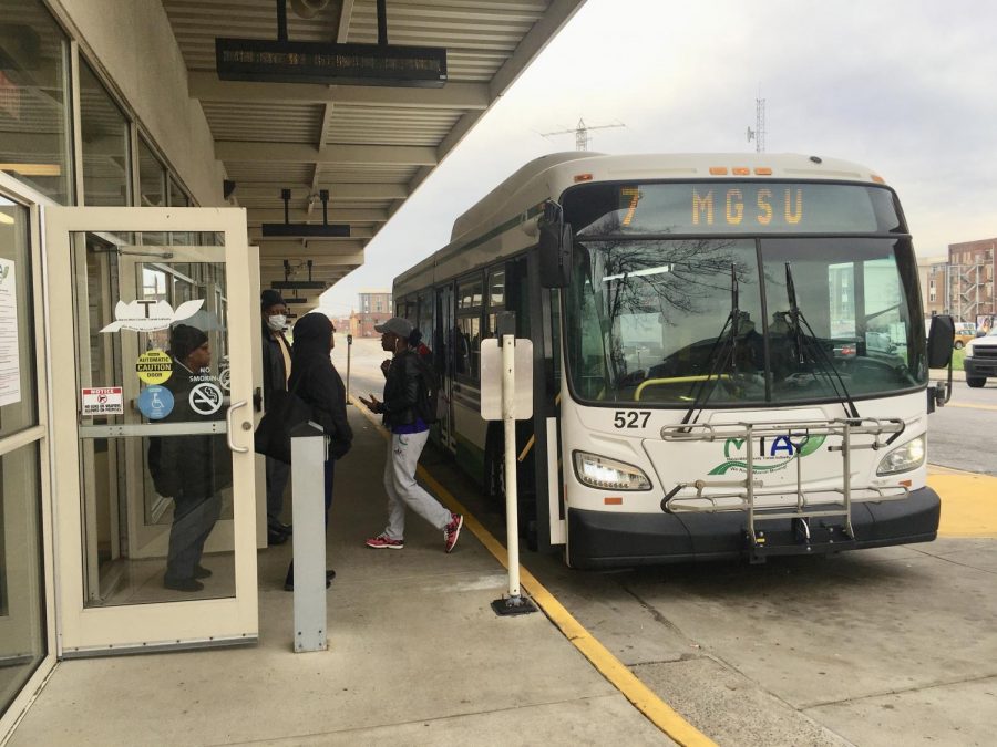 A Macon Transit Authority bus arrives at Terminal Station.