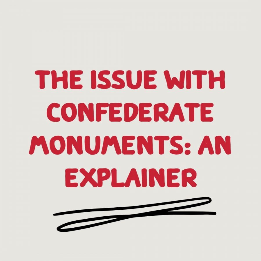 The Issue with Confederate Monuments: An Explainer written in red bubble letters on a tan background with a black squiggly line underneath it.