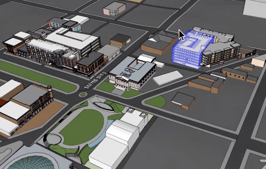 The proposed parking deck for the D.T. Walton mixed-use development is highlighted in blue. MMI-Thornton developers are still hoping to eventually secure financing for the remainder of the Central City Commons project along Poplar Street.  