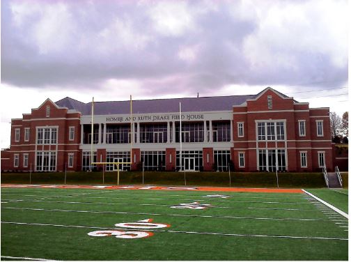 The 7-year-old Homer and Ruth Drake Field House is the facility for Mercer’s football and men’s lacrosse teams. it sits on the south end zone of Five Star Stadium at Mercer University, Macon Georgia.