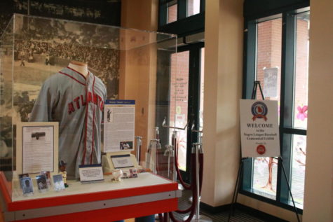 A Hank Aaron exhibit is displayed near the entrance to the Georgia Sports Hall of Fame, as a part of the Negro League Centennial exhibit on March 27, 2021 in Macon, Ga. Hank Aaron was a long-time Atlanta Braves baseball player but he started with the Indianapolis Clowns team of the Negro League. 
