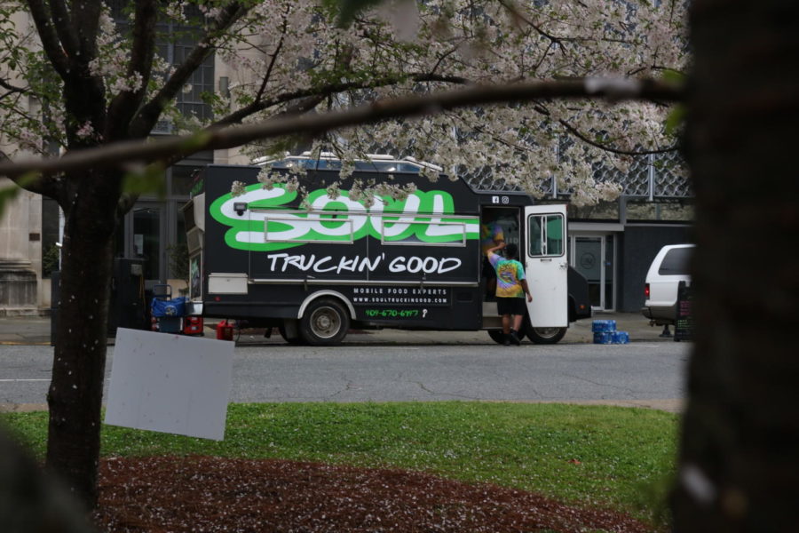 The Soul Truckin Good food truck parks in downtown Macon.