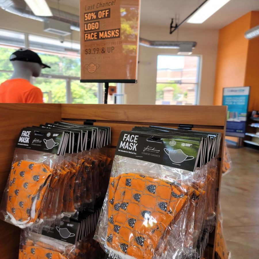 The Mercer University Bookstore is selling masks at a discounted rate in Mercer Village. 