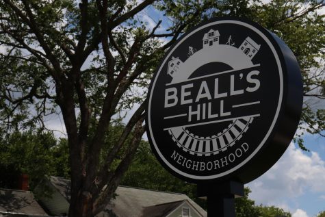 This Bealls Hill sign stands across the street from the plot of land on Oglethorpe Street that will house new duplexes in Bealls Hill.
