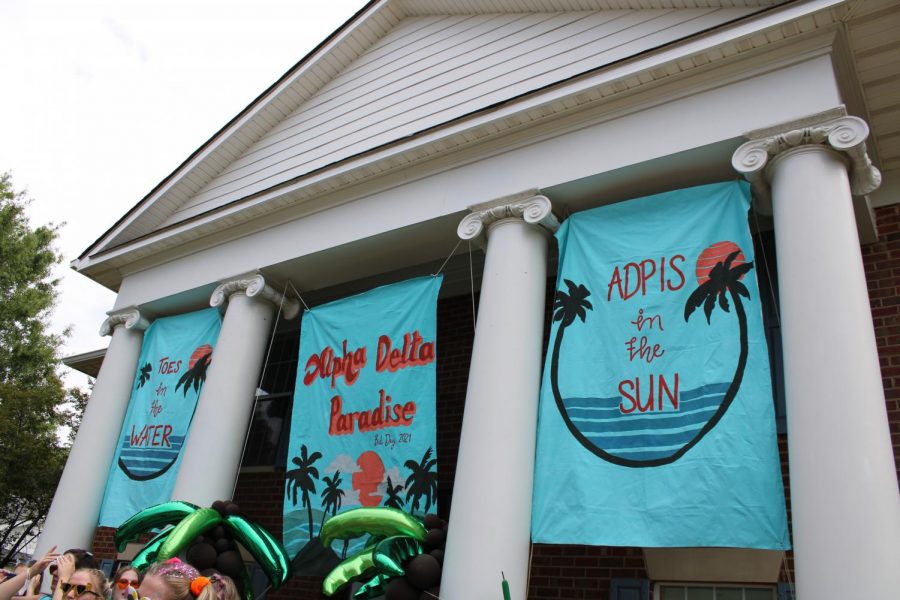 Mercer Universitys Alpha Delta Pi house decorated for Bid Day on Monday, September 6.  