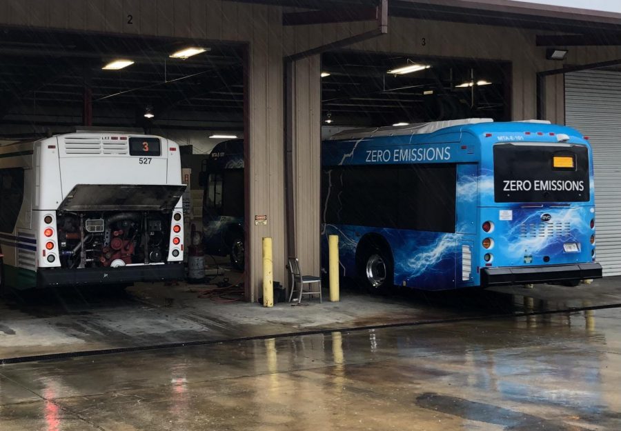 Bolt, one of the Macon-Bibb County Transit Authoritys two electric buses, pulls into the garage. Supply chain challenges are extending time in the shop. 