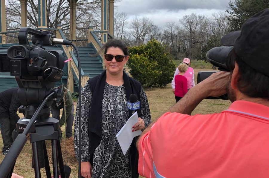 Keep Macon-Bibb Beautiful Executive Director Caroline Childs addresses the media Thursday during an early Arbor Day celebration at Carolyn Crayton Park. Childs will leave her post at the end of February. 