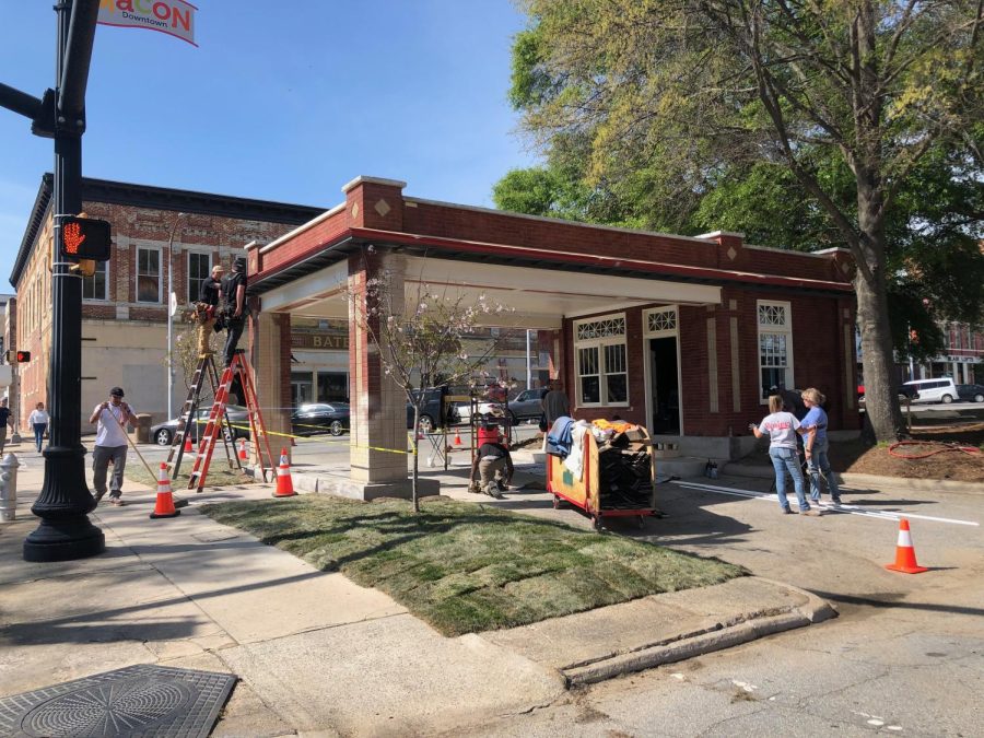 Crews are building a temporary set at Dunlap Park at Third and Poplar streets for The Color Purple musical that is filming in downtown Macon in April. 