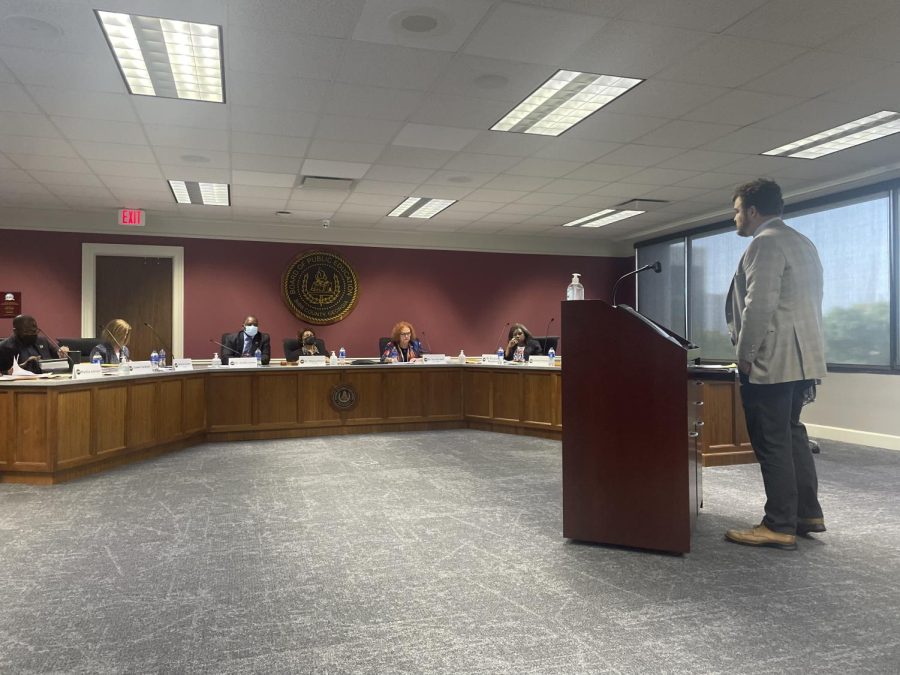 Alex Morrison, executive director for the Macon-Bibb County Urban Development Authority, pitches a new schedule for the Heartbeat Incentive Program to the school board at a called meeting May 24, 2022. The tax abatement program is to attract developers to build projects downtown.