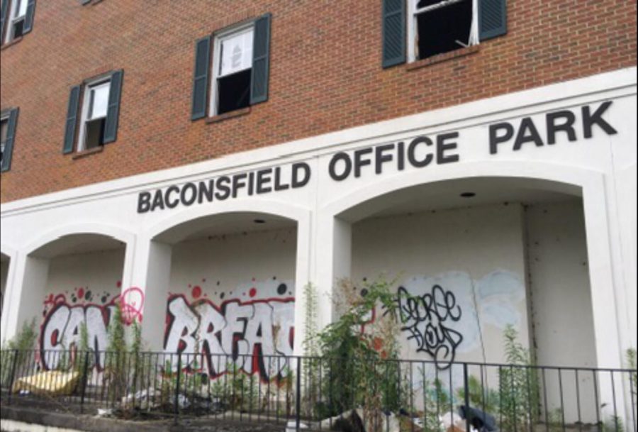 The vandalized and partially burned Baconsfield Office Park buildings, shown here in 2020, are being renovated into apartments. 