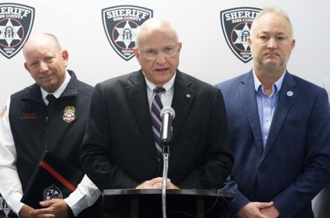 From left, Macon-Bibb County Fire Department Chief Shane Edwards, Bibb County Sheriff David Davis and Macon-Bibb County Mayor Lester Miller during the announcement Monday of efforts to hire part time patrol deputies.