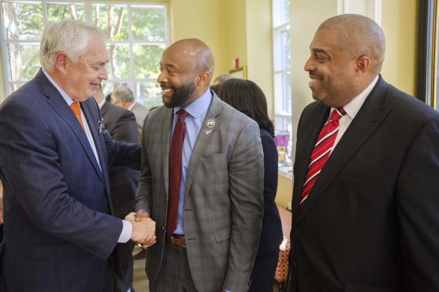 Mercer University President William Underwood, left, with Bibb Schools Superintendent Dan Sims, center, and Clayton Schools Superintendent Morcease Beasley, right, after the announcement of the new Mercer program to lure mid-career people into teaching.