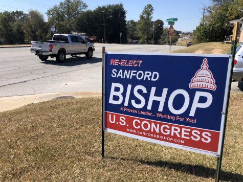 A campaign sign for U.S. Georgia Representative Sanford Bishop off of Mercer University Drive in Macon, Ga. on Oct. 24, 2022. (Photo by McKenna Kaufman)