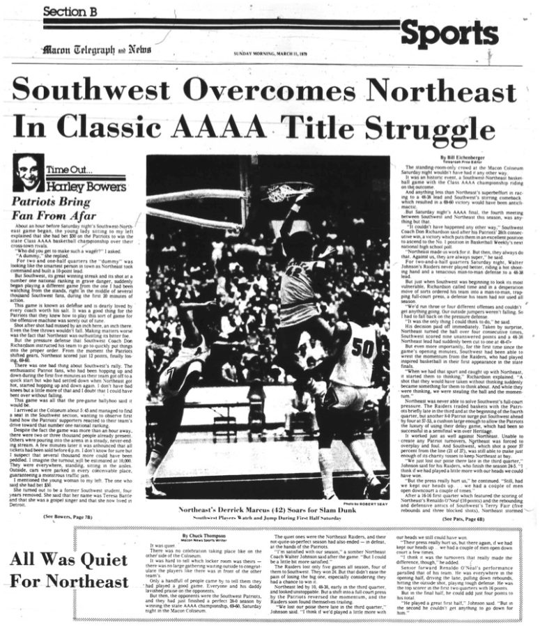 A newspaper spread after Southwest won a Georgia High School State Championship in 1979. The championship game featured a classic cross-city rivalry of Northeast with Southwest prevailing 69-60 at the Macon Coliseum. An estimated 10,000 people were in attendance for the AAAA Title game. Southwest would go on to finish the season ranked number one in the entire country.