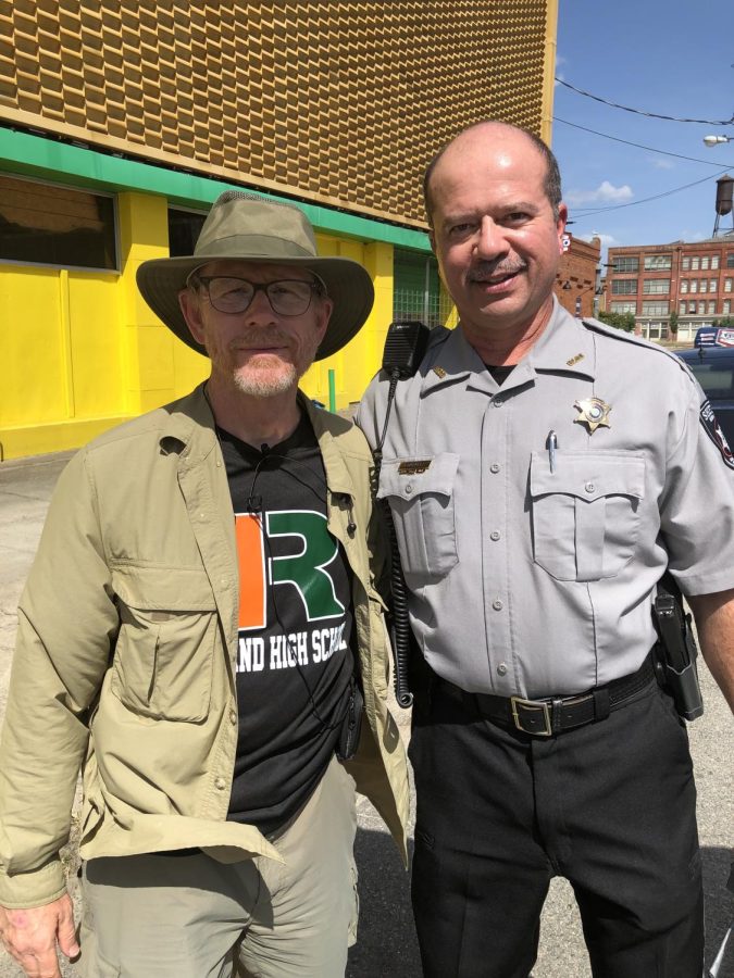 While Ron Howard was filming Hillbilly Elegy in downtown Macon, he paused for a photograph with Bibb Sheriffs Capt. Randy Gonzalez in 2019. 