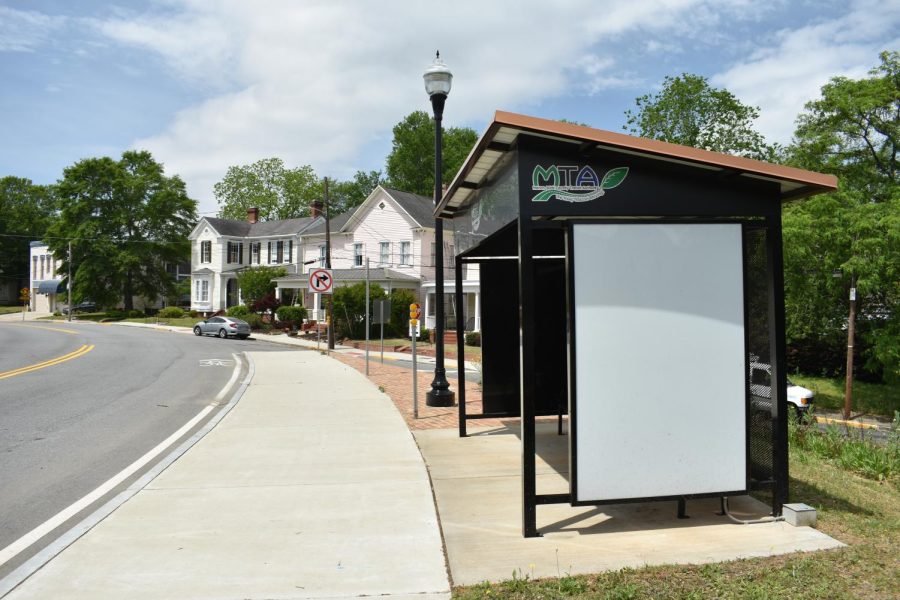 This Macon Transit Authority bus shelter on College Street is among 6 downtown shelters that will feature art installations set to be unveiled May 5, 2023.