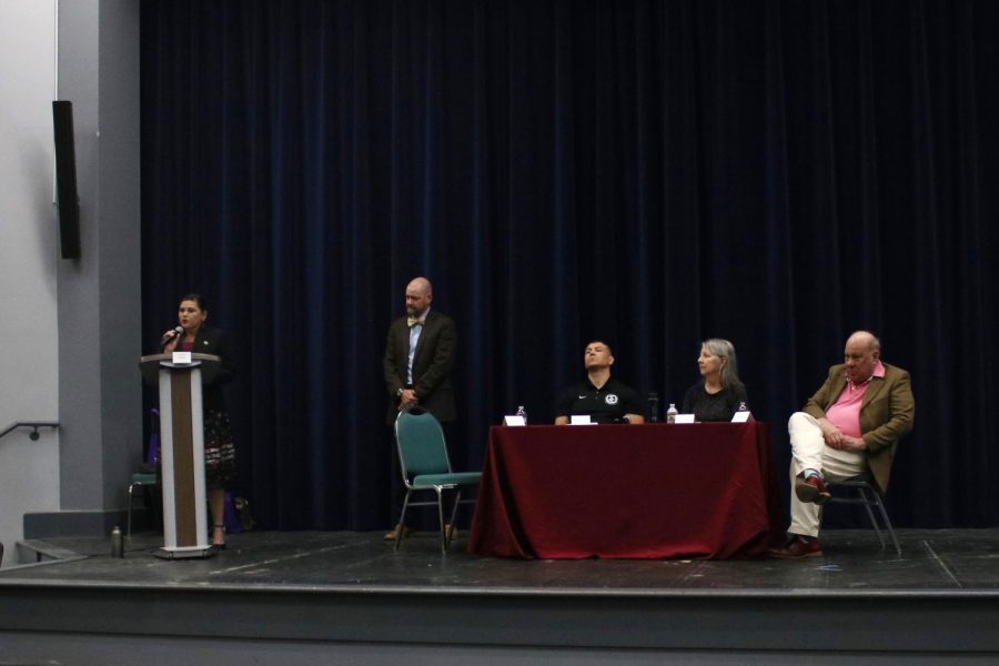 Tracie Revis (far left) speaks to the audience at the “Reclaiming the Native South” Humanities Panel hosted by Middle Georgia State University’s School of Arts and Letters on March 29, 2023 in Macon, Ga. (Photo by McKenna Kaufman)