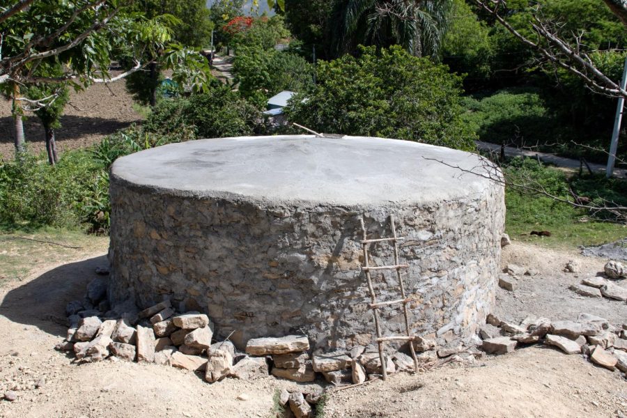 The finished water tank in Sabana Bonita. Mercer engineering students worked with the Sabana Bonita community to construct the tank from locally-sourced rocks, concrete and rebar. A small opening will later be cut into the top of the tank and the inside will be plastered before it is filled with water.