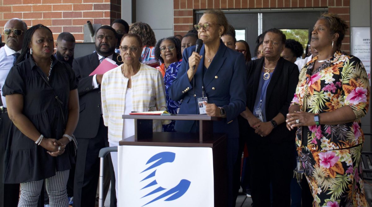 Cirrus Academy Superintendent Gail Fowler spoke at a news conference in front of the school on Pio Nono Avenue on Aug. 8, 2023. Stakeholders asked the governing board to resign hours before the board met behind closed doors to discuss personnel matters. 