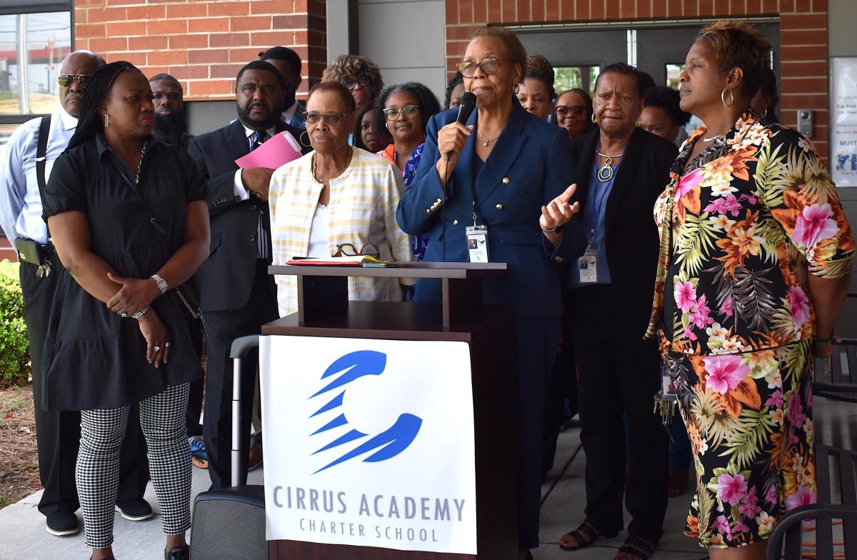 Cirrus Academy Superintendent Gail Fowler spoke at a news conference in front of the school on Pio Nono Avenue on Aug. 8, 2023. Stakeholders asked the governing board to resign hours before the board met behind closed doors to discuss personnel matters. 