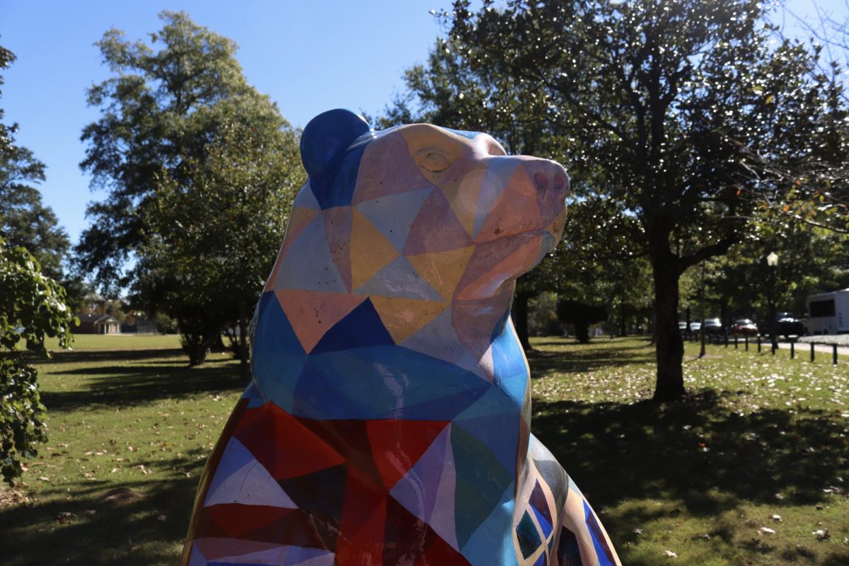 An image of the Tattnall Square Park Bear sculpture created by artist Connie Redd, Oct. 21, 2023.