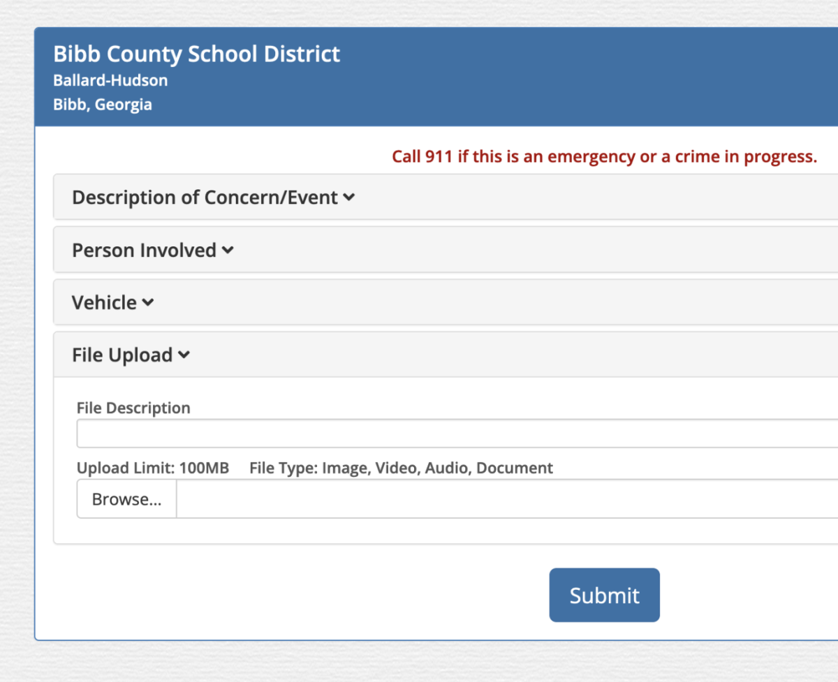 A screenshot from Bibb County School Districts new anonymous web portal for tips regarding student safety.
