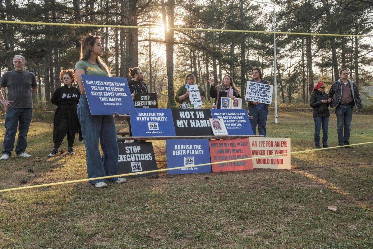 A small group of death penalty opponents gathered outside Georgia Diagnostic Prison in Jackson to protest the execution of Willie Pye on Wednesday, March 20, 2024.