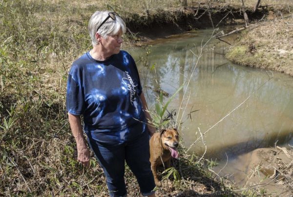 Gloria Hammond by Berry Creek, at the back of her property in Monroe County. She said the creek has changed a lot in the decades since the Plant Scherer Ash Pond 1 was created. “I dont see my mussel shells that I used to see on the sand,” she said. “I dont hear the frogs at night down here.”