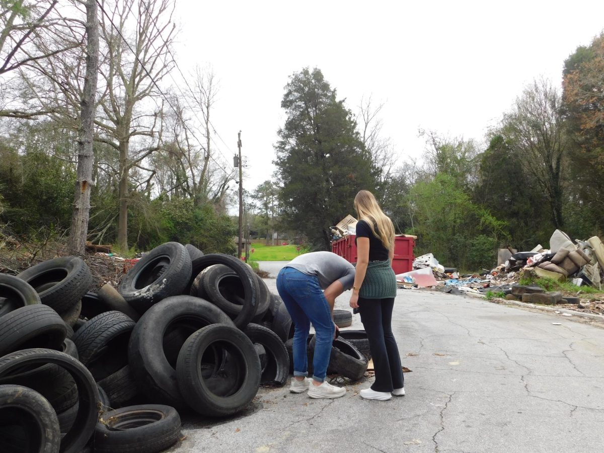Garrett Thomson and Cecilia Williams examine a pile of illegally dumped tires following a volunteer event at the dump site where the tires were unearthed in preparation for removal. 