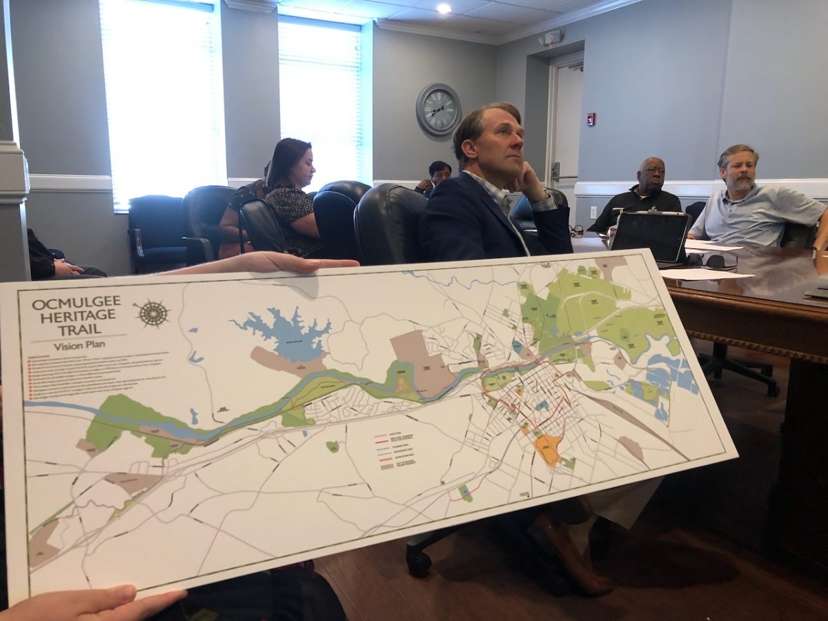 The+Macon-Bibb+County+Urban+Development+Authority+looks+at+plans+for+an+expansion+of+the+Ocmulgee+Heritage+Trail+during+its+Thursday+work+session.+
