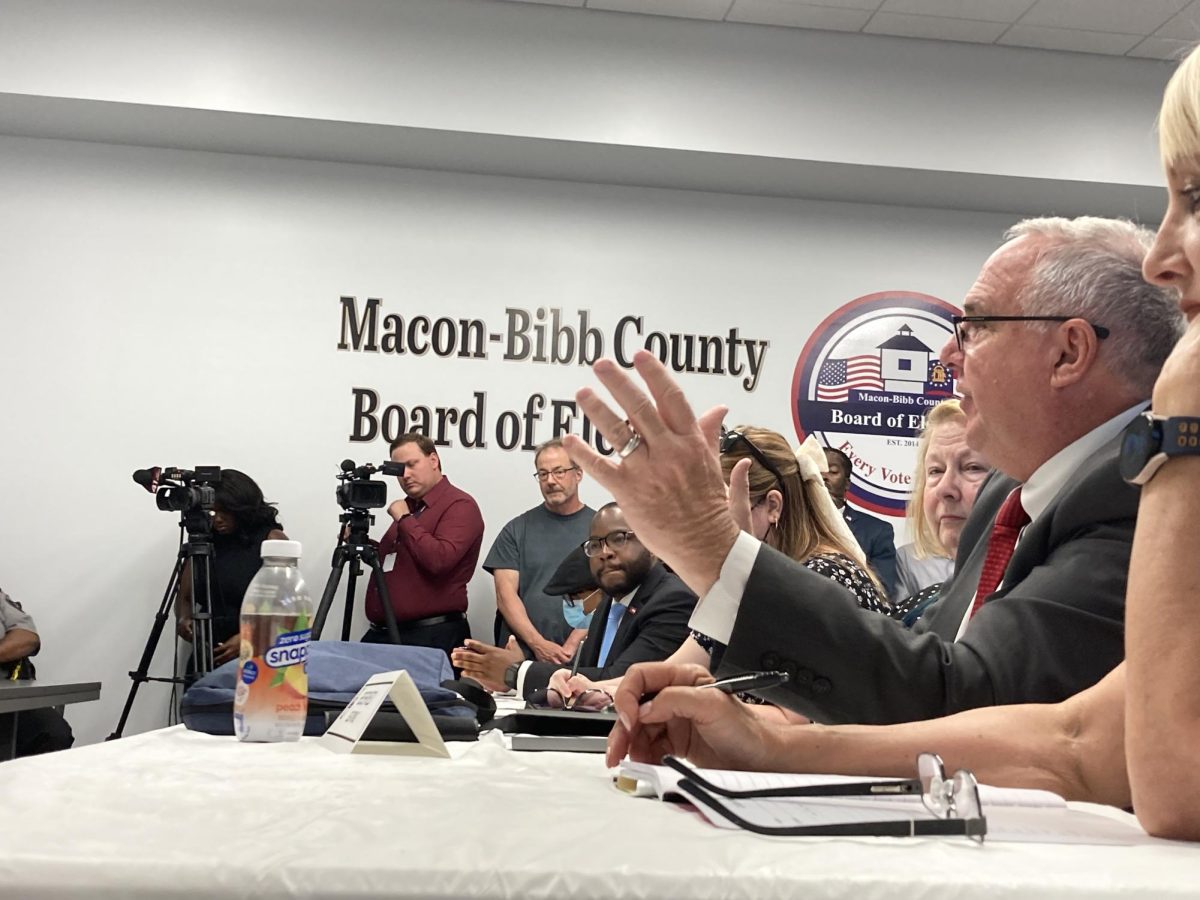 Bibb County GOP Chairman David Sumrall presents his challenges to over 700 voters on Bibb County’s polling roster at the Board of Elections Meeting on April 29, 2024.