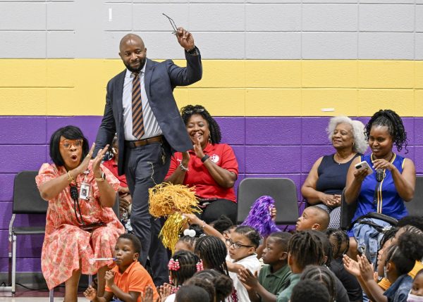 Superintendent Dan Sims attended an assembly at Hartley Elementary before the school board meeting on Monday, Aug. 19, 2024.