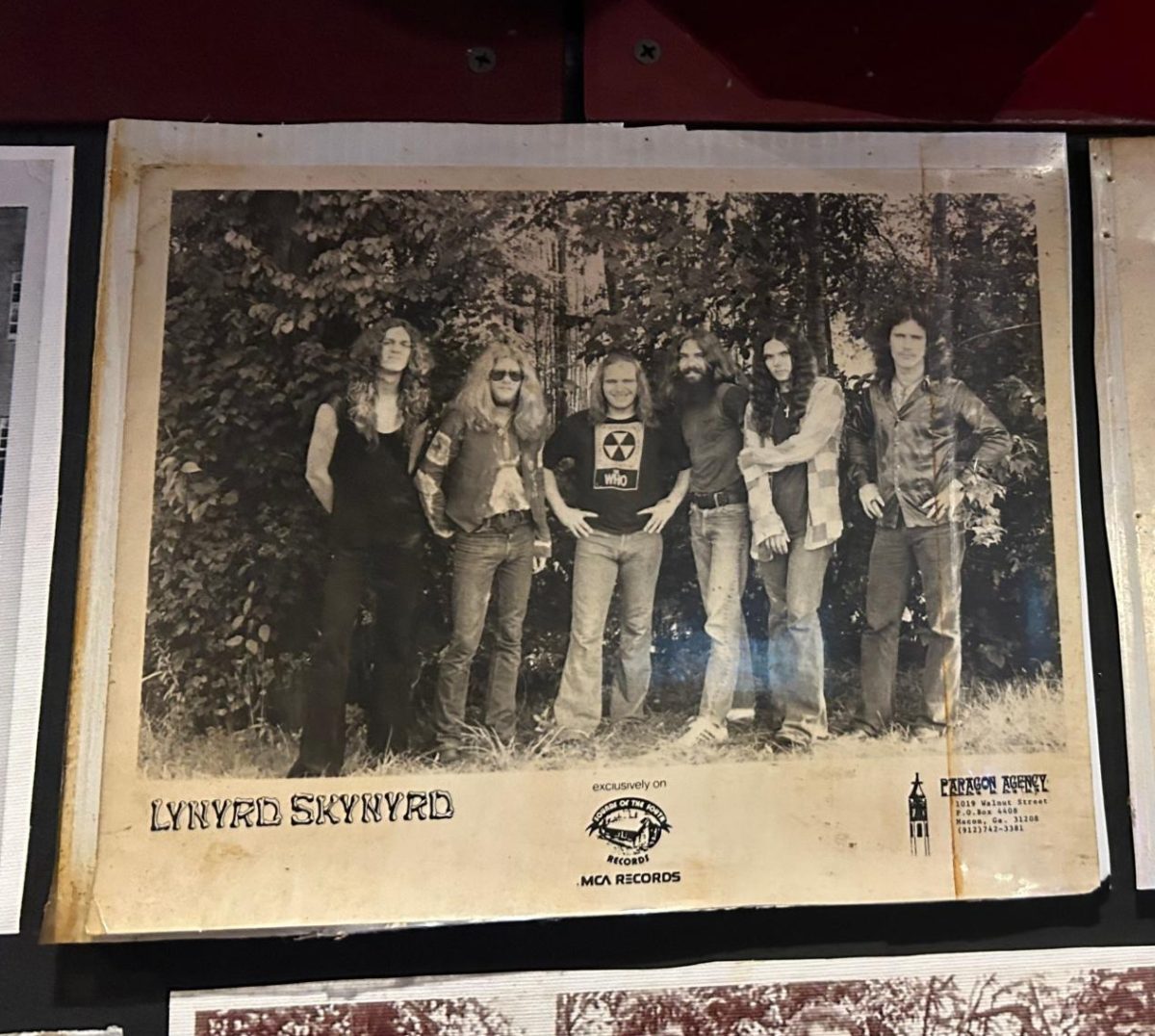 A photo of Lynyrd Skynyrd on the wall of Grant's Lounge. Grant's Lounge has a Wall of Fame featuring photos of the famous musicians that have performed there. 