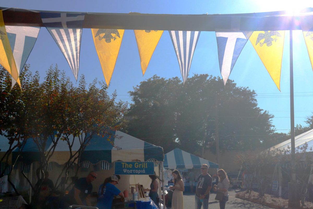 Greek flags welcome in visitors to the Central Georgia Greek Festival in Macon, Georgia on October 25, 2024. 