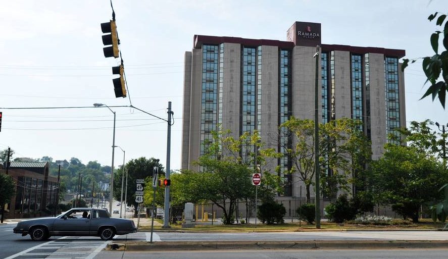 The old Hilton hotel was known more recently as the Ramada Plaza, as seen in 2012 from the intersection of Second Street and Walnut Street in Macon.