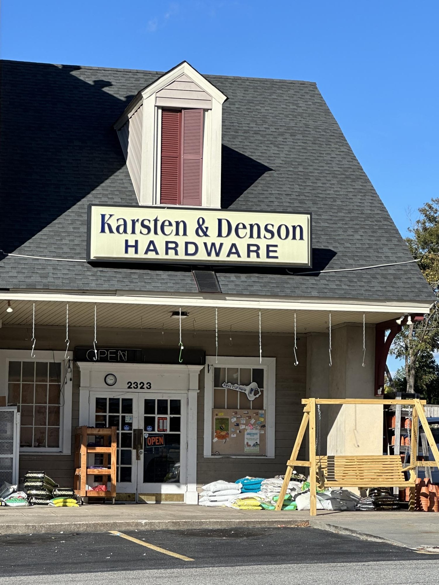 Storefront of Karsten & Denson Hardware, November 2025.