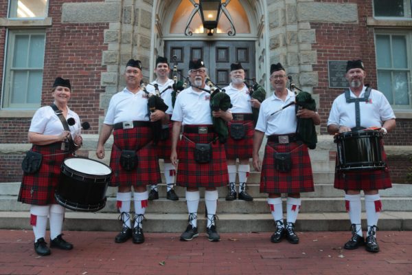 The Mercer University Pipes and Drums band poses for a group photo outside Willingham Hall on Sept. 24, 2024. Front row, from left: Karen Wallace, tenor drum; Scot Gunn, piper; Dr. Jack Mahaney, instructor and piper; Skip Blumenthal, piper; and Jeff Bare, lead drummer. Back row, from left: Dr. Kenneth Marek, pipe major, and Phillip McDevitt, pipe sergeant.