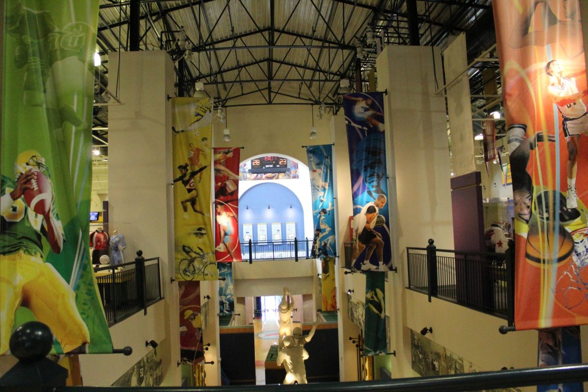 A view of the banners and displays that frame the Georgia Hall of Fame.