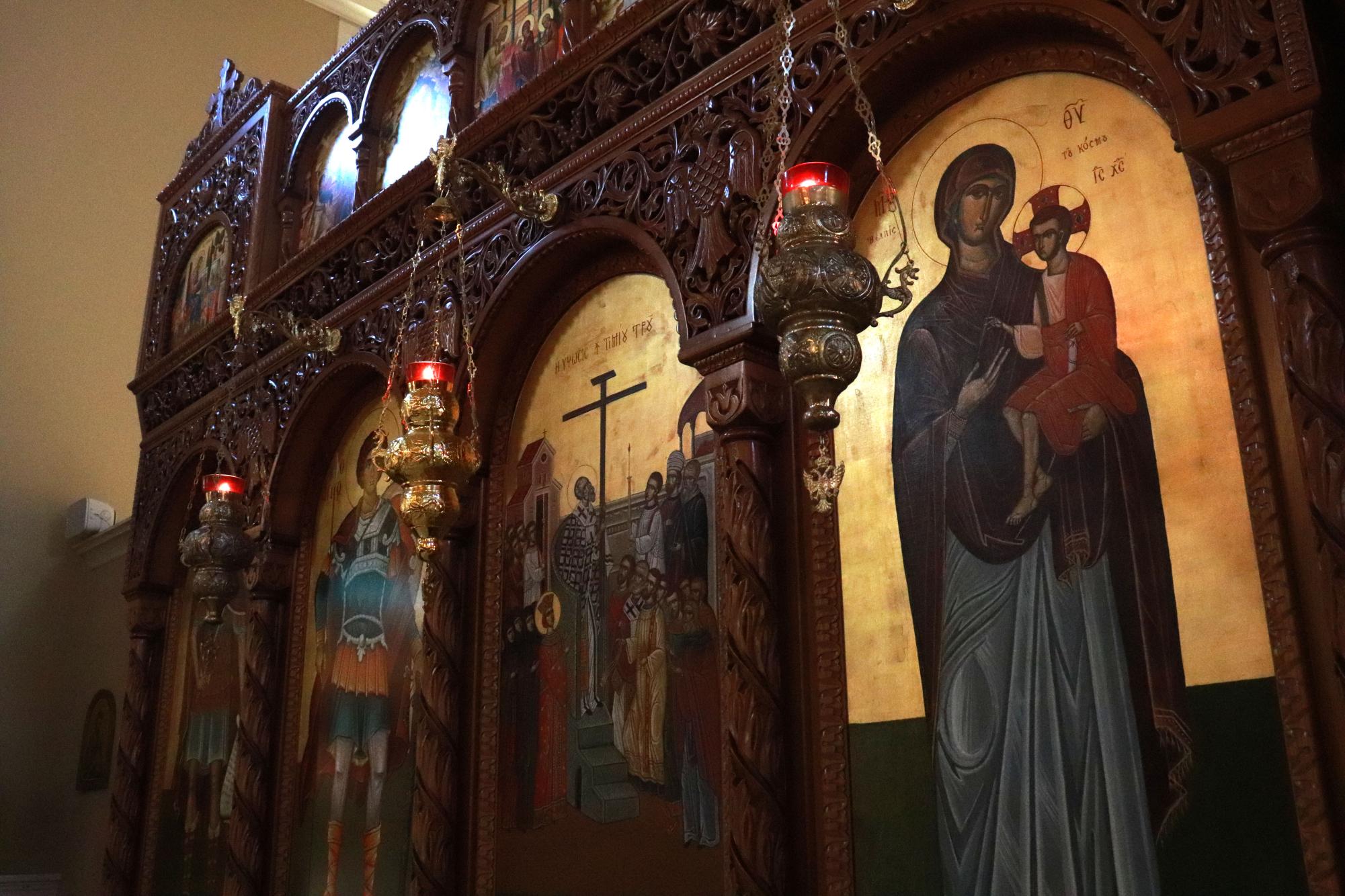 The altar screen within Holy Cross Greek Orthodox Church is a part of the previous phases of their Project Agape, as is much of the altar.