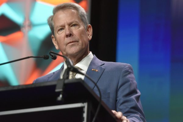 Gov. Brian Kemp speaks at the Georgia Chamber of Commerce’s Eggs and Issues event in Atlanta early in the 2025 legislative session.