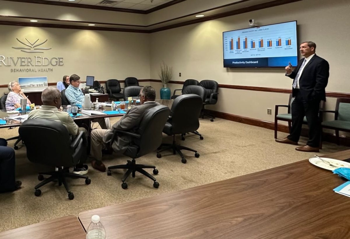 River Edge Behavioral Health CFO Shane Hester discusses employee productivity with the board of directors during its April meeting. 