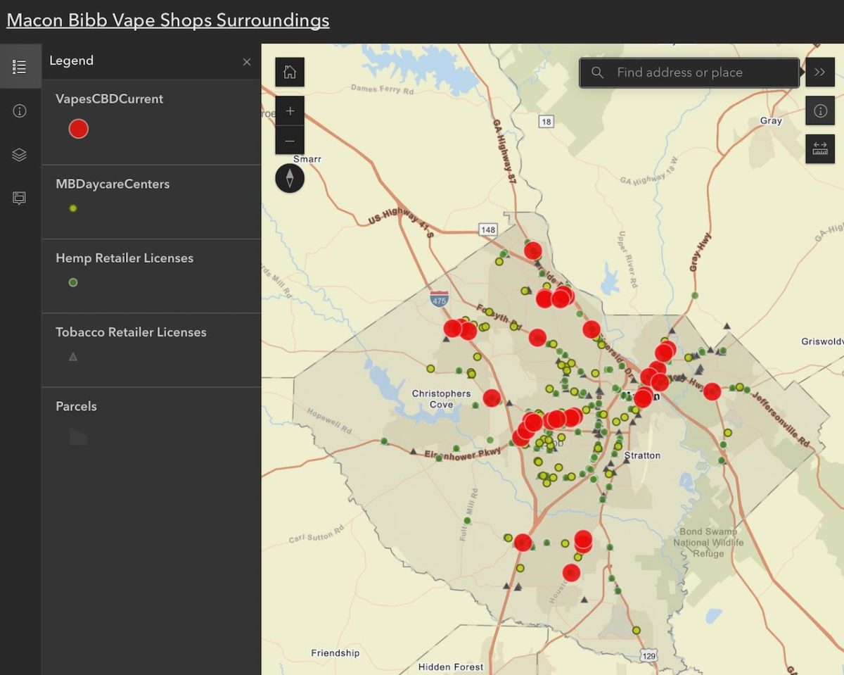 Macon-Bibb County Planning & Zoning's map of vape shops and schools and daycares is posted at mbpz.org.
