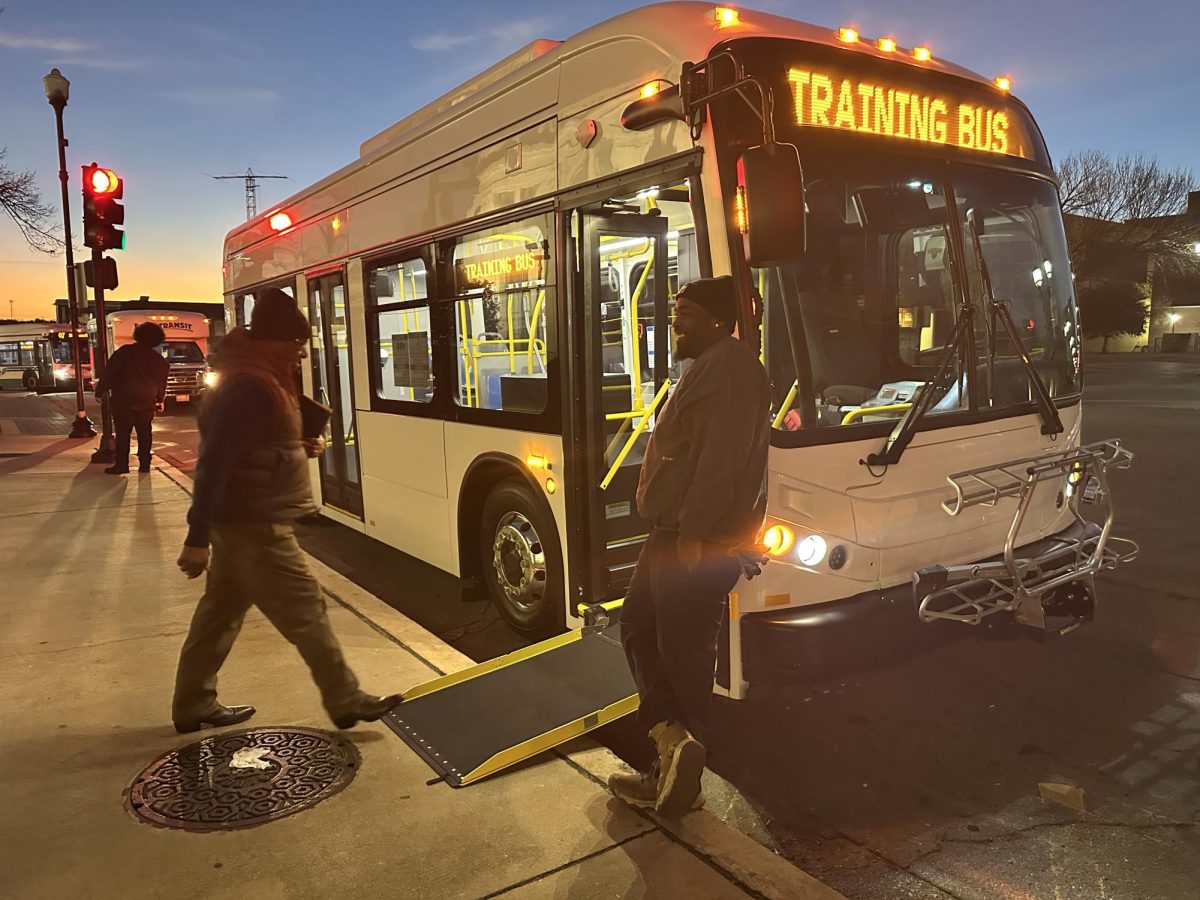 MBCTA board member Charles Murphy boards a new 30-foot electric bus, one of three recently purchased with federal grant money. "This is a cute little bus," Murphy said while taking a look inside. 