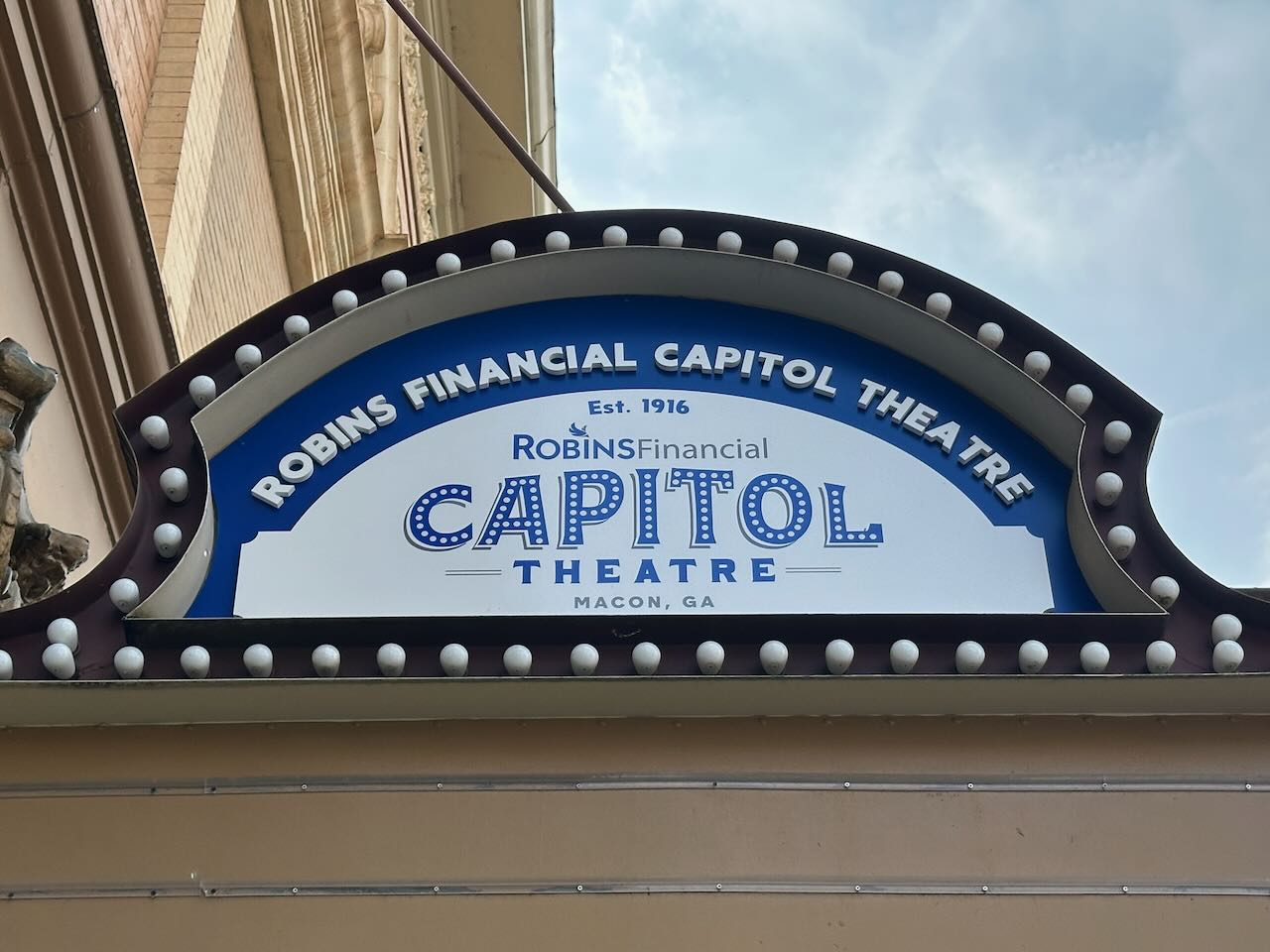 The marquee on the Robins Financial Capitol Theatre denotes its establishment as a movie house in 1916 after serving as a bank since 1897.