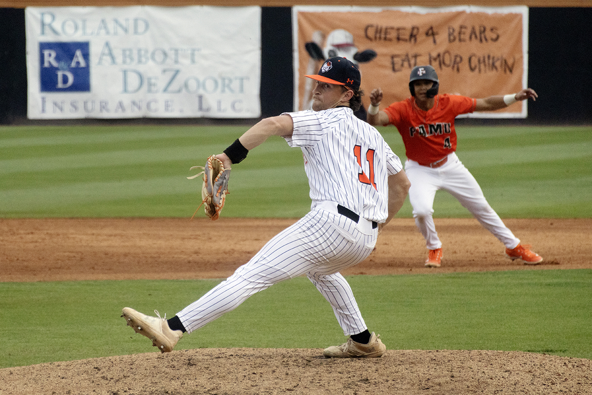 One of Mercer University’s pitchers, Jackson Gaspard, winds up to throw the baseball during Mercer’s game against Florida A&M University on Feb. 25, 2026. The Bears won the game, moving to an 8-1 record.