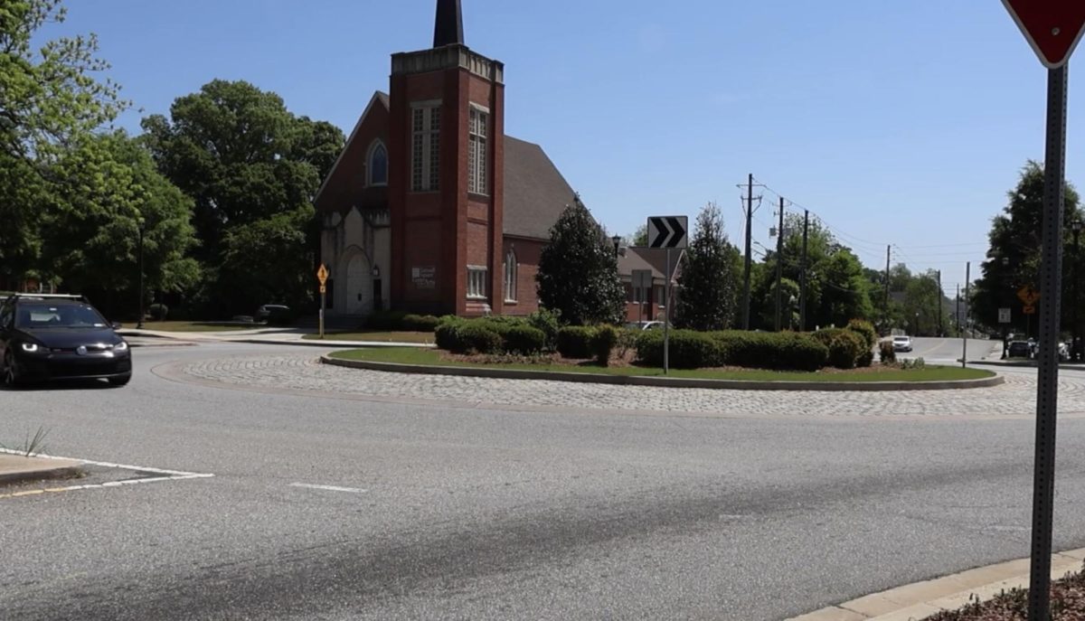 This roundabout at the corner of College Street and Oglethorpe Avenue replaced a traffic signal.