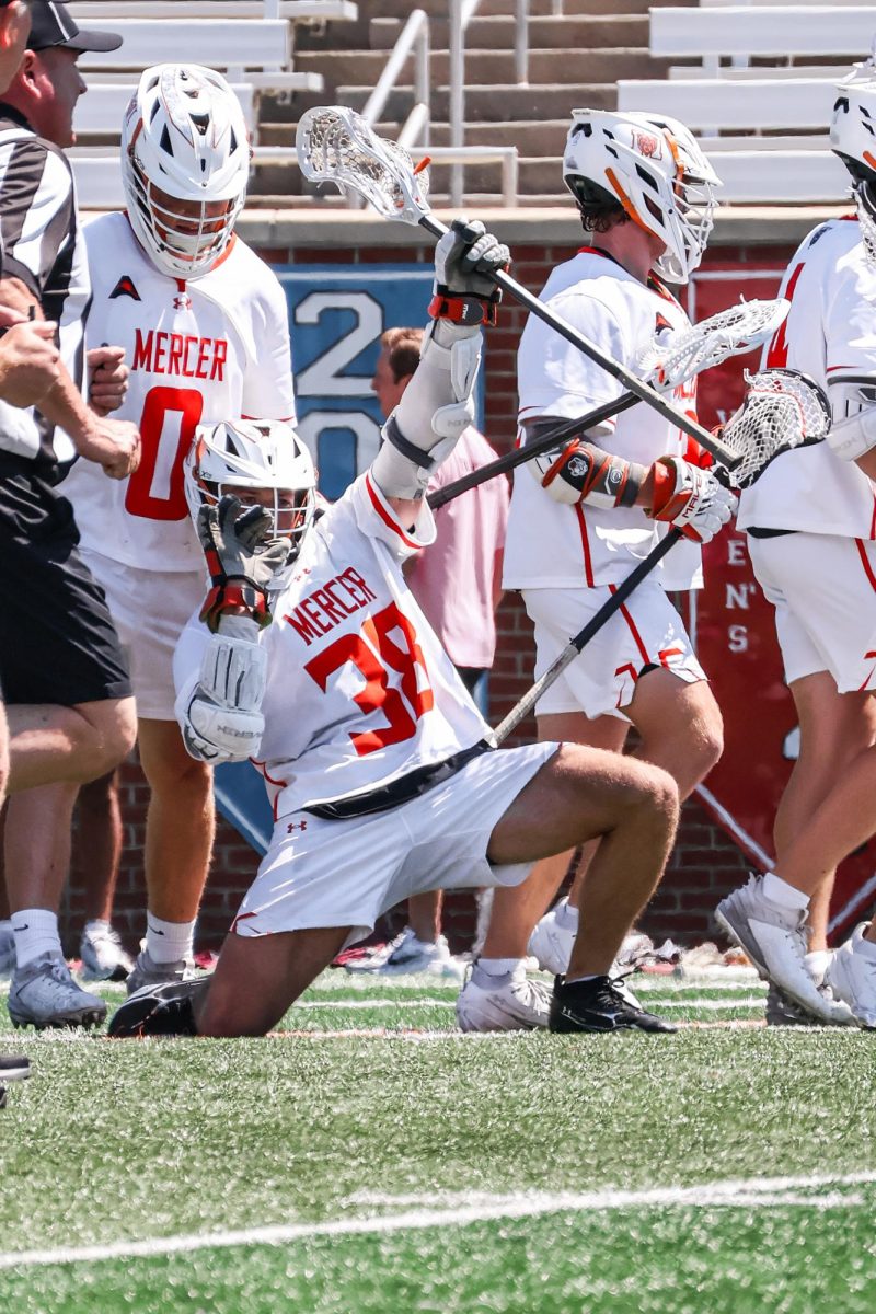Will Zylztra, #38, celebrates after he scores a goal against Bellarmine on Saturday, April 11, 2026 in Macon, Ga. The Bears beat the Knights, 18 - 17. The Bears scored three goals within the first three minutes of the game. 
