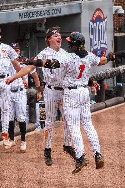 Titan Kamaka, #4, and Brant Baughcum, #7, chest bump after scoring two back to back home runs in Mercer’s game against Towson University. This put the Bears at 8 - 6 and secured the win against the Tigers. Mercer won all three games in the series in April 2026. 